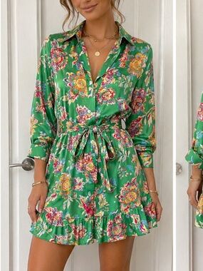 Zara Green Floral Mini Dress with Pink & Yellow Accents